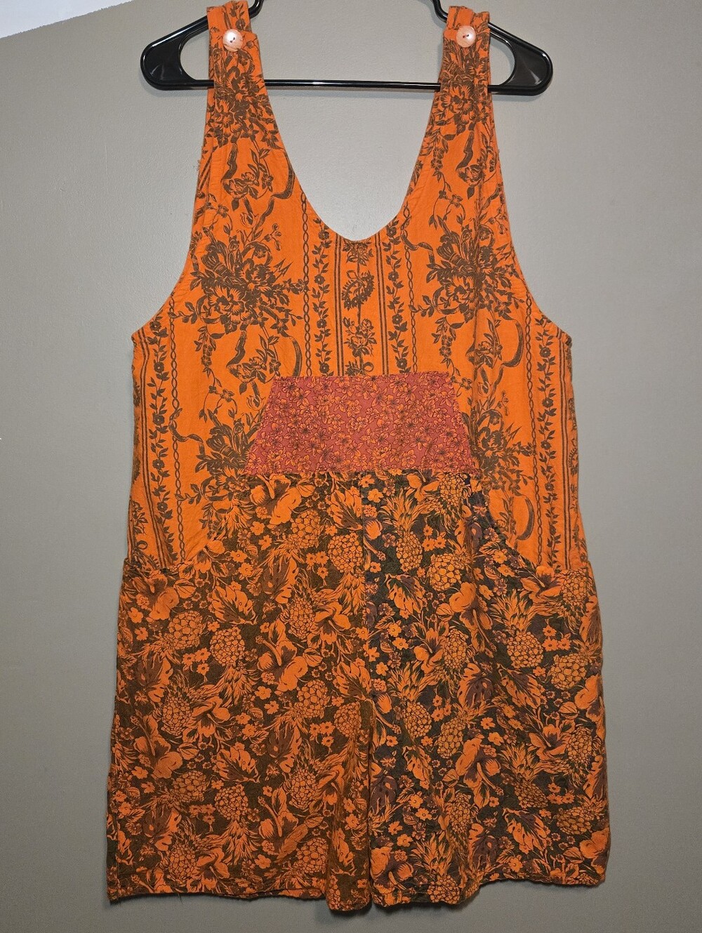 Energie Women's Orange Floral Patchwork Sleeveless Romper Size Large Boho Cotton